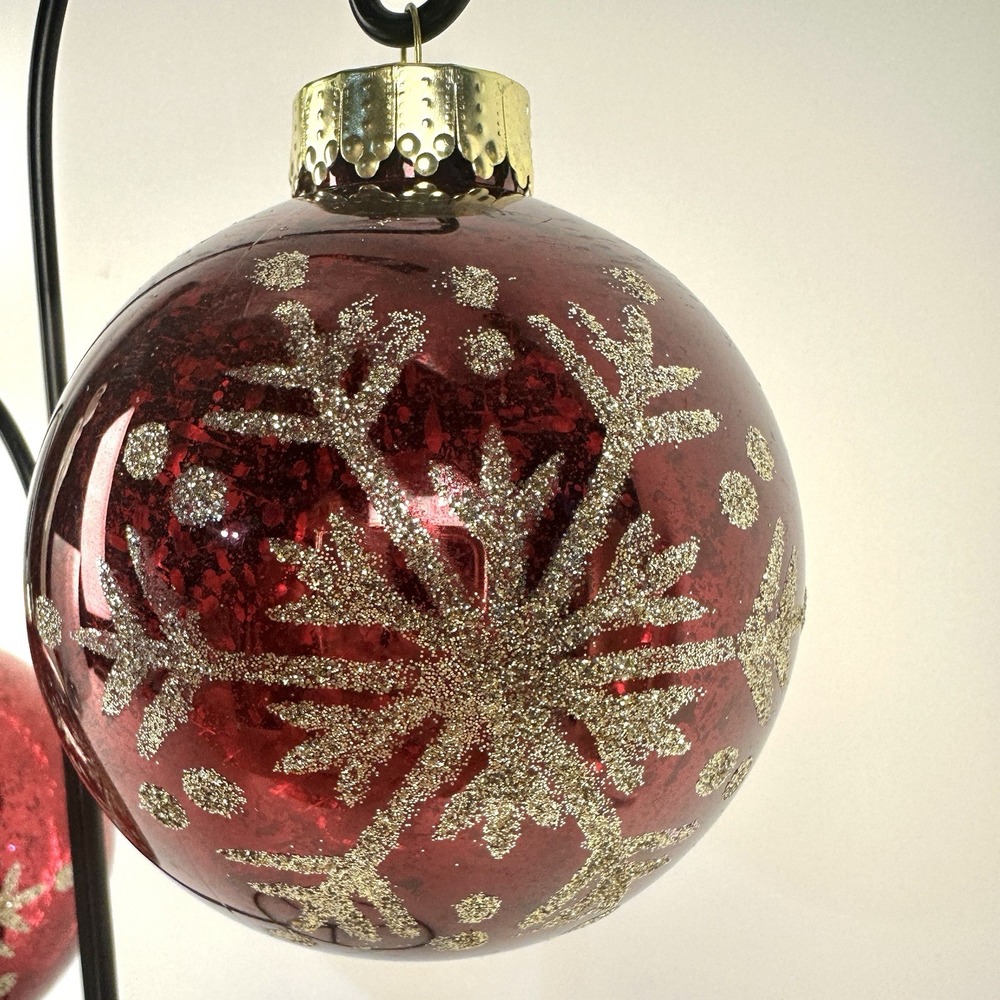 2 Snowflake Ornaments Red And Gold Glitter And Sparkles Plastic - Picture 2 of 4